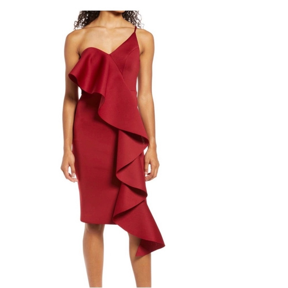Lavish Alice Burgundy Red One Shoulder Ruffle‎ Midi Dress US 6 NEW